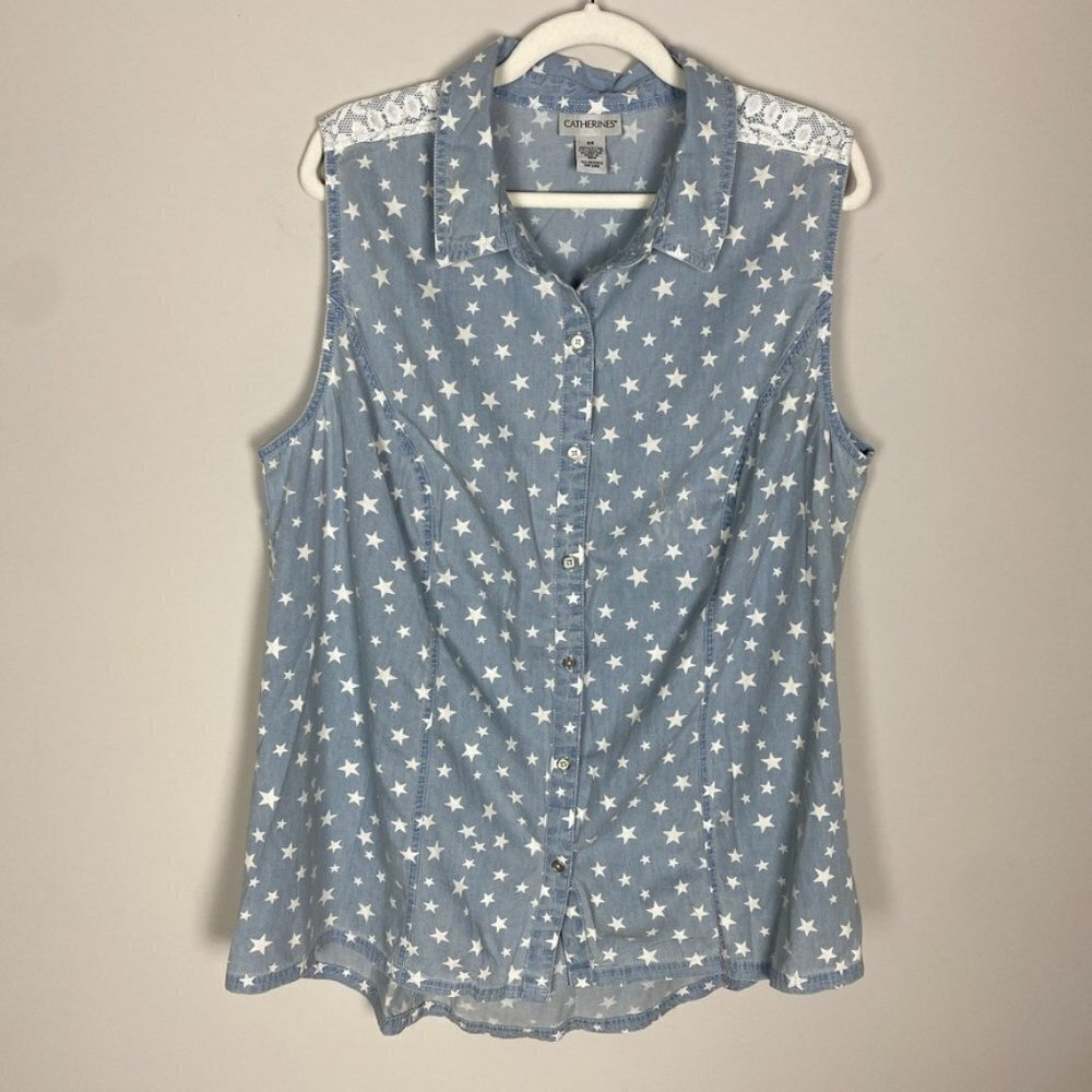 Catherines Star Print Button Up Tank Top Lace Back Womens 0X or 16W Blue